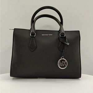 Michael Kors Black Leather Tote Satchel with MK Charm
